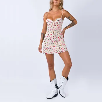 

Women casual summer dress flower print bow decoration harness dress Slim Vestidos