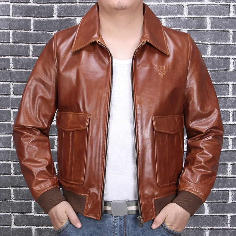 Brown Men Double Pockets Pilot Leather Jacket Large Size XXXL Genuine Cowhide Autumn Military Aviator Leather Coat - Цвет: Brown