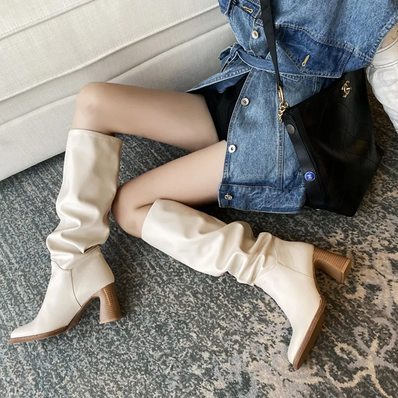 

Fashion White Chunky Heels Pleated Winter Boots Women Square Toe Girls Knight Knee High Boots Slip On High Heels motocross Boots
