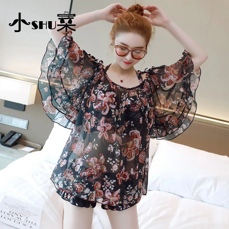 

New Style WOMEN'S Swimsuit Underwire Push up Chest Emphasizing Cute Butterfly Sleeve-Flower Outer Shirt Split Skirt-Three-piece