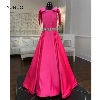 

YUNUO Fuchsia Satin Prom Dresses Evening Gown with Bows Shoulders A Line vestido de formatura Formal Party Dress Beaded Belt