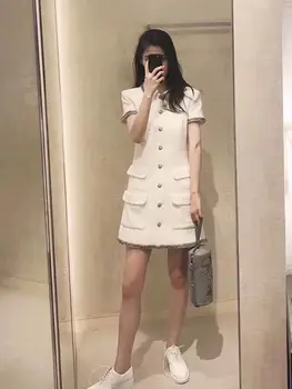 

2020 NEW summer spring dress runway turn down collar short sleeves single breasted white mini vintage silk lining dresses