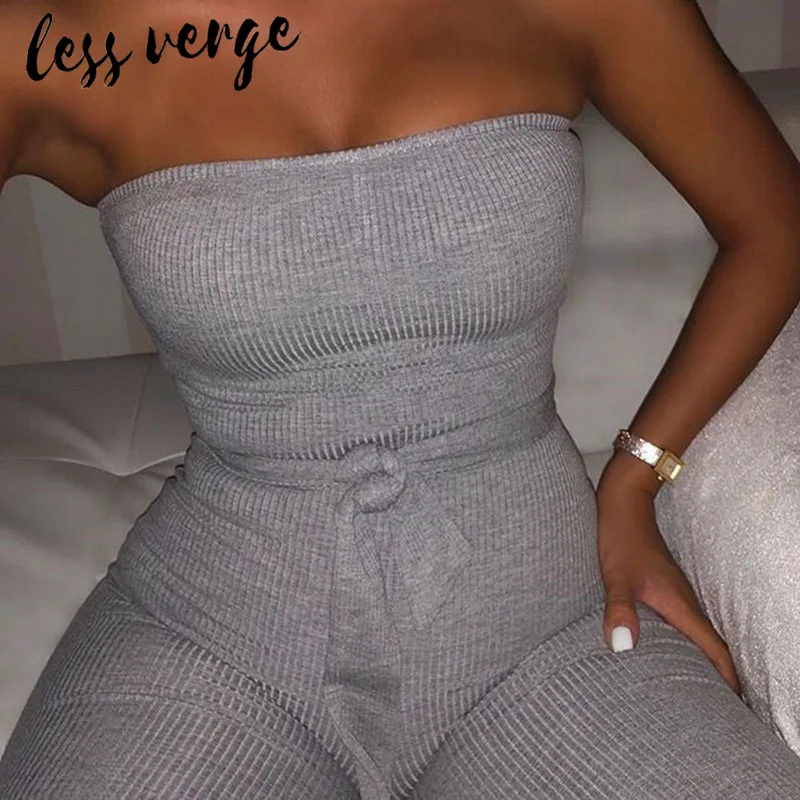 lessverge Knitted rib bodycon winter jumpsuit women Sexy off shoulder sashes long romper Black bandage fitness jumpsuit overalls