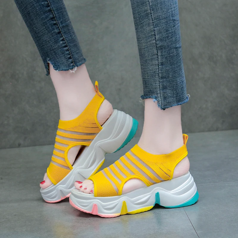 

slip-on Leisure Breathable Knit Platform Woman Sandals Summer Stretch Fabric Thick Sole Sport Sandals Casual Female Shoes 2020
