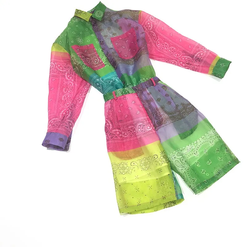High Quality Placing Print Organza Blouses and Shorts Set Women 2020 Summer Multi Color Casual Green Rose Yellow Shirts Suit