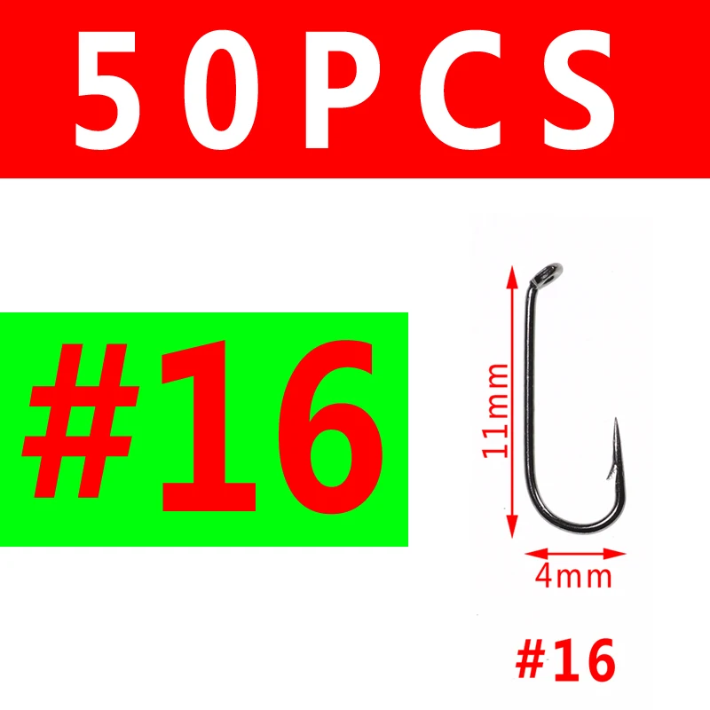 Bimoo 50 шт. Fly Fishing Сухой Fly Hook 2X Стандартный Провод Nymph Hook Черный никель отделка для завязывания мух материал размеры 14 16 18 20 22 - Цвет: 50PCS Size 16