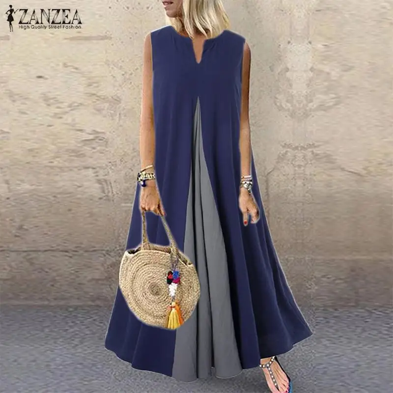 

Plus Size ZANZEA Women Sleeveless Pacthwork Long Sundress Summer Dress Vintage Cotton Linen Vestido Kaftan Dresses Robe Femme