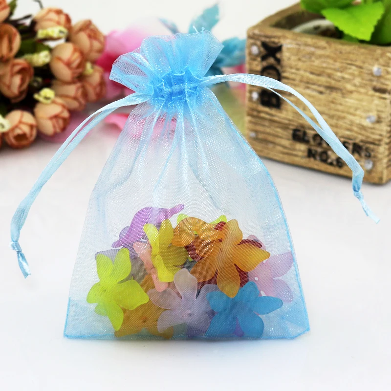 

100pcs/lot Light Blue Organza Bag 11x16cm Wedding Jewelry Boutique Packaging Bag Favor Organza Pouches Drawstring Gift Bags