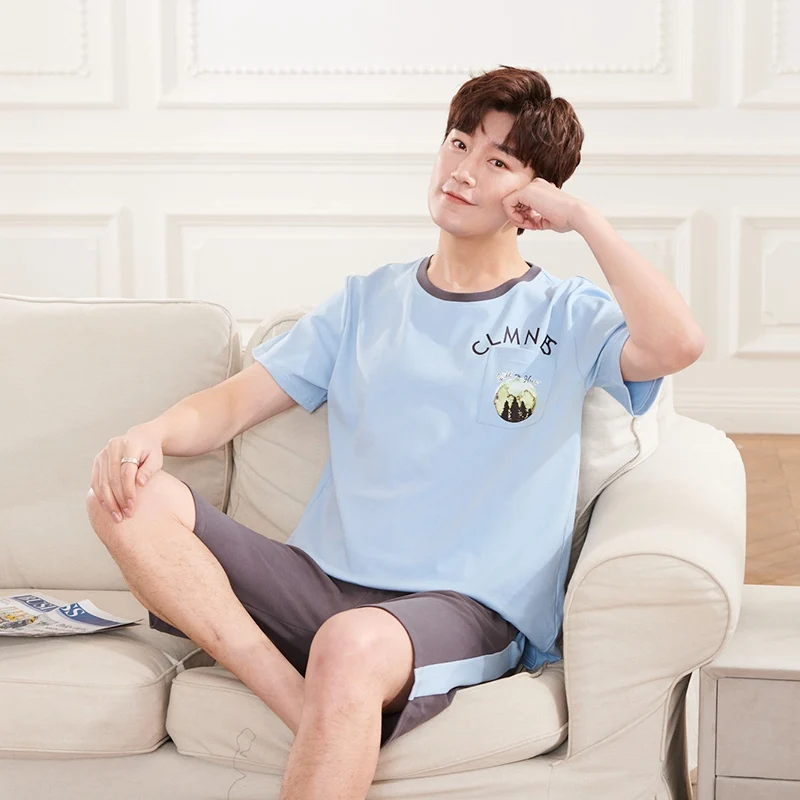 2021 Summer 100% Cotton Short Sleeve Pajama Set for Men Korean Sleepwear Pyjama Male Loungewear Homewear Night Suit Home Clothes mens cotton pajama shorts Men's Sleep & Lounge