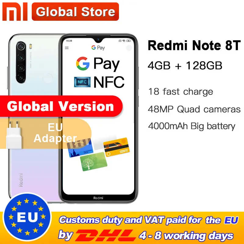 Xiaomi Redmi Note 8T с глобальной версией 128 ГБ 4 Гб NFC смартфон 48мп четыре тыловая камера