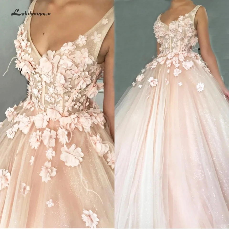 

Lakshmigown Blush Pink Tulle Ball Gown 3D Flowers Wedding Dresses 2019 Robe de Mariee Princesse Bridal Gown Lace Up Back