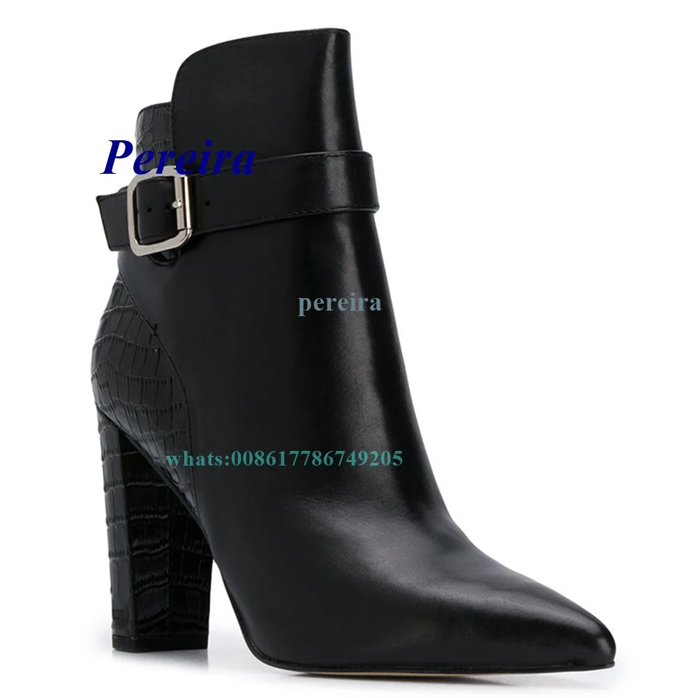

Pointed Toe Chunky Heel Boots Stone Pattern Buckle Strap Short Boots High Heels for Plus Size Women Newborn Black Winter Sexy