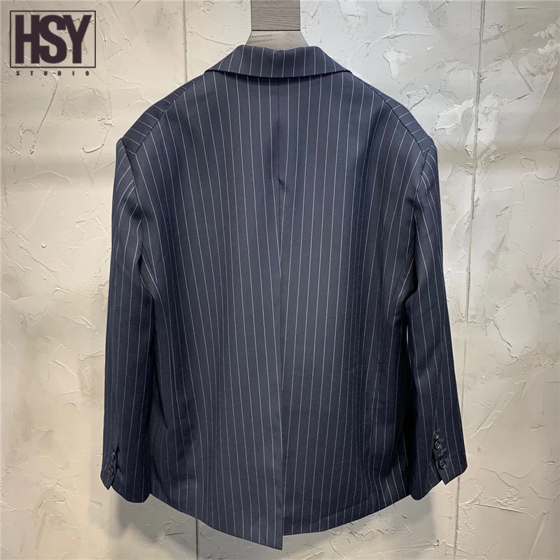 【HSY studo】 Осенняя Новая модная женская куртка большого размера двубортный блейзер в полоску с карманами