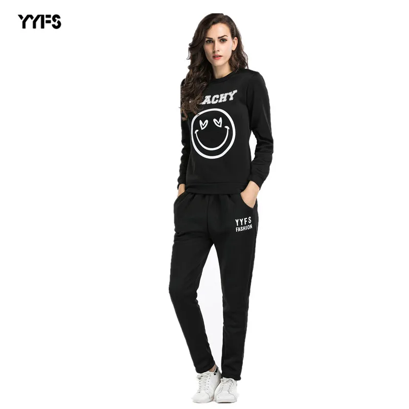 

Casual pants suit women's two piece set happy smile face printing sportswear crew neck wool pants women