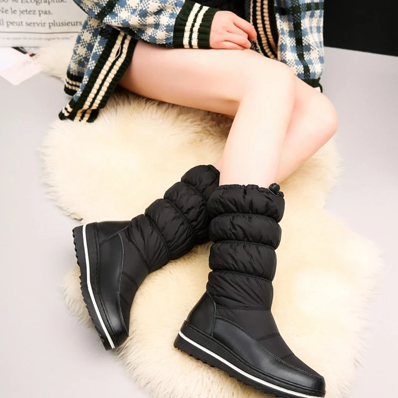 REAVE CAT Mid-Calf Boots Round Toe High platform Down Warm Fur Elastic Band Wool Snow Boots Size 35-43 Black White