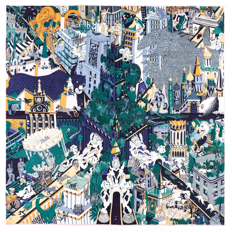 POBING Manual Hand Rolled Twill Silk Scarf Women Animals Kingdom Square Scarves Echarpes Foulards Femme Wrap Bandana Hijab 90CM 6