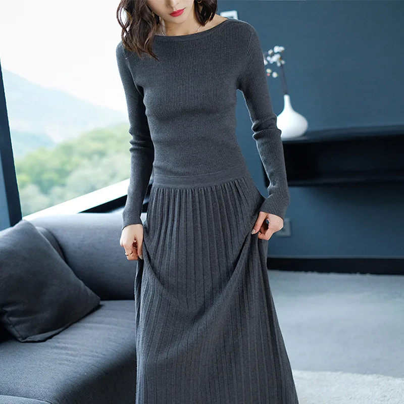 Herfst Vrouwen Lange Maxi Jurk Slash Hals Trui Winter Jurken Casual Lange Mouwen Solid Dress Casual Plus Size 0730- 105