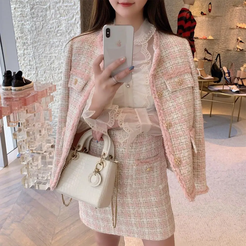 Nouveau Femmes Tissé Bows Tweed Veste Manteau Mini Jupe 2Pcs Costume pompons une ligne robe