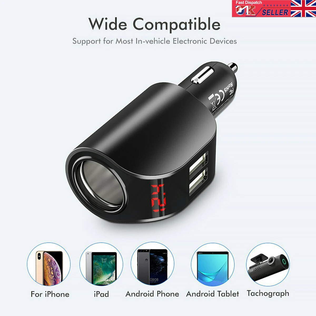 SOONHUA 3.1A автомобильное зарядное устройство с двумя usb-портами и прикуривателем, цифровой дисплей, адаптер для быстрой зарядки, зарядное устройство s для автомобилей 12-24 В