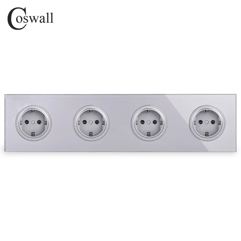 Coswall Gray Grey Crystal Tempered Glass Panel 4 Gang EU Standard Wall Socket Grounded With Child Protective Lock R11 Series - Тип: Grey
