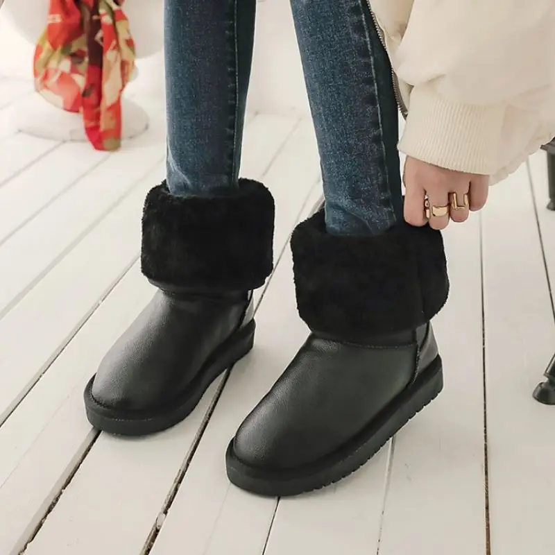 RizaBina Winter Warm Plush Snow Boots Women Real Leather Solid Color Round Toe Flats Shoes Outdoor Women Footwear Size 28-44
