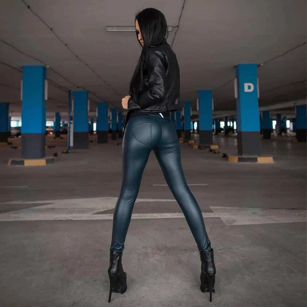 Shascullfites Mid Waist Tight Leather Pants Women Soft Leather Look Blue Pants Female Trousers Street Wear Girls Sports Leggings backless tight butt lift sports street jumpsuit tank tops sexy bodysuit rompers casual sports yoga pants elastic womens clothing