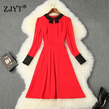 

2020 Spring Dress Women Fashion New Designer Long Sleeve Peter Pan Collar Simple Solid Casual Aline Chiffon Dress Female Clothes