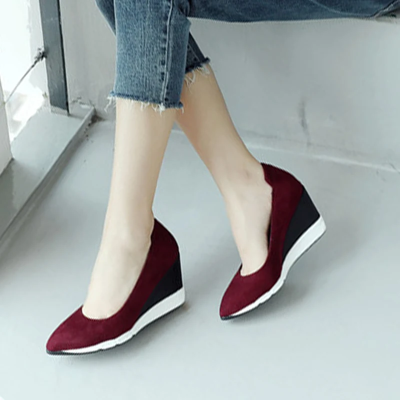 

Dilalula 2019 Hot Sale High Wedges Pointed Toe Slip On Black Pumps Women Comfortable Spring Concise Casual Wine Red Lady Shoes