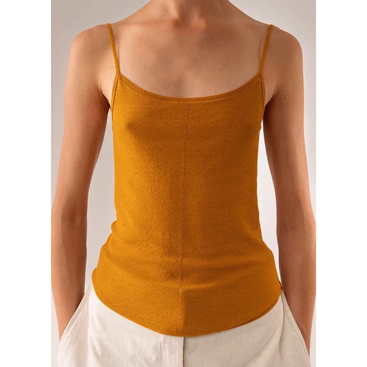 

Women Tops French Minimalist Low-cut Mid-seam Design Slings Linen Texture Knitted Camisole