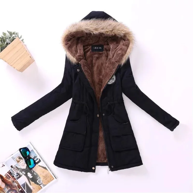 Женская парка, повседневная верхняя одежда, осень-зима, пальто с капюшоном в стиле милитари, зимняя куртка, женские меховые пальто, женская зимняя куртка s и пальто - Цвет: Черный