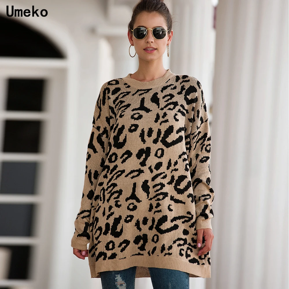 Женский свитер с леопардовым принтом Uemko осенне-зимний Свободный пуловер круглым