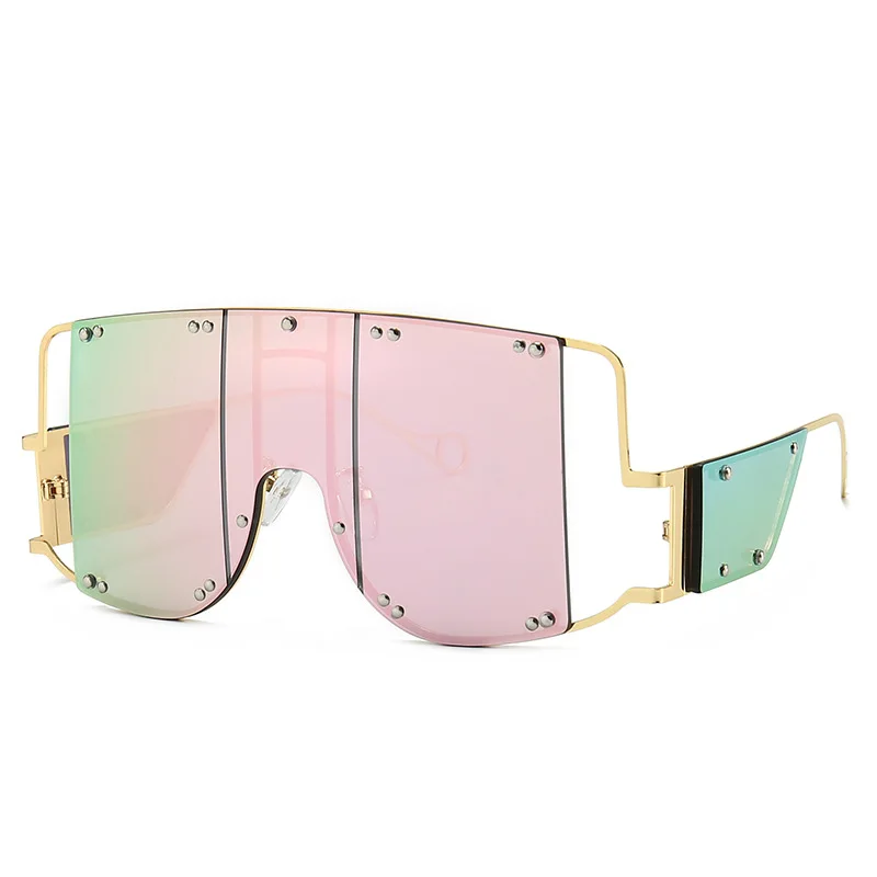 Новые модные роскошные брендовые дизайнерские Квадратные Солнцезащитные очки для женщин и мужчин, негабаритные очки с металлическими заклепками, уникальный щит, крутые солнцезащитные очки UV400 - Цвет линз: Gold Mirror Pink