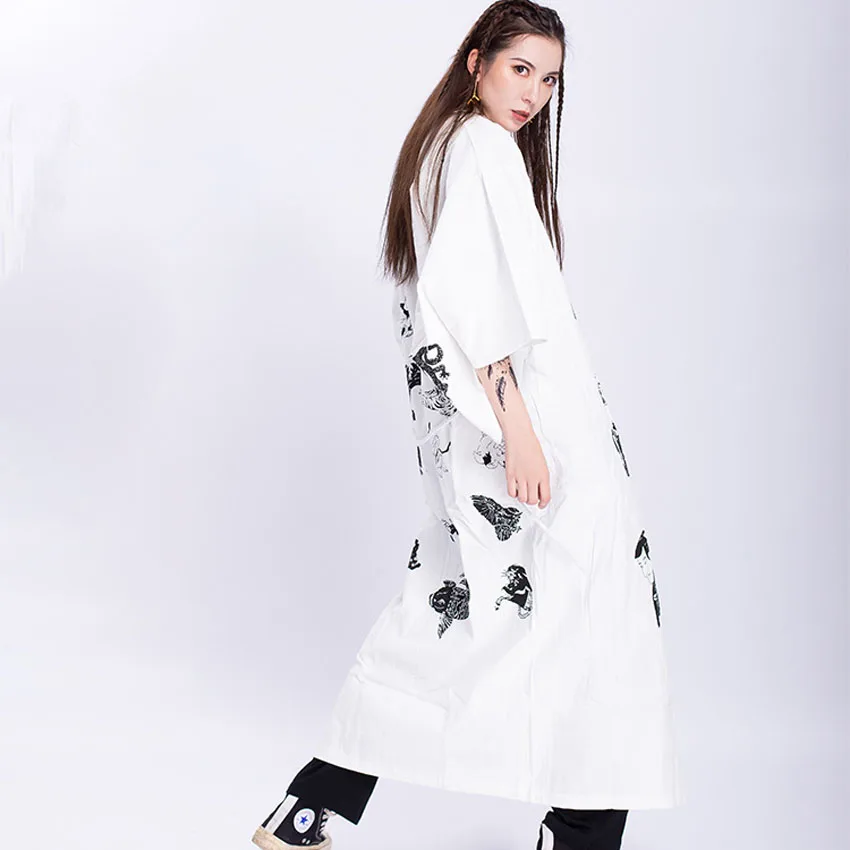 Harajuku Japanese Clothing Female Fashion Streetwear Hip Hop Haori T-shirt Pants Outfits Carp KOI Printing Coat for Couple - Цвет: One white coat