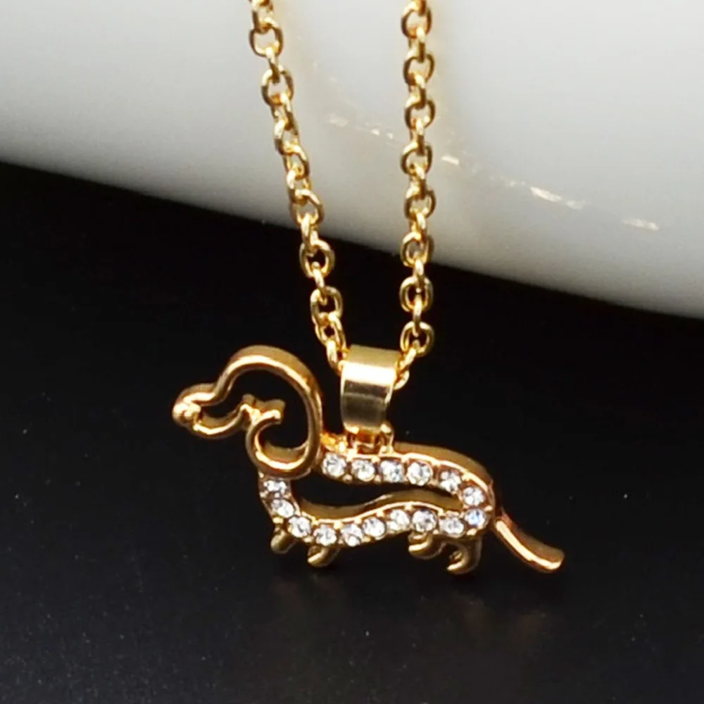 Collana con ciondolo a forma di cucciolo di cane carino, colore oro e argento, con cristallo, a forma di bassotto, a catena, per donna e ragazza, regalo di gioielli_voghion.com