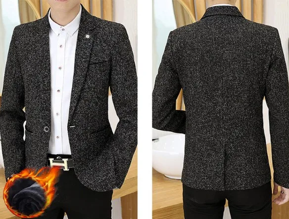 M-4XL, деловой мужской блейзер, плюс бархат, теплый, приталенный пиджак, мужской, модный, Повседневный, на одной пуговице, с длинным рукавом, костюм, верхняя одежда, RM50008