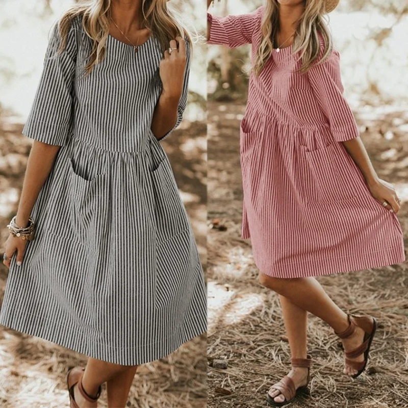 

Casual Women's Round Neck Striped Loose Dress