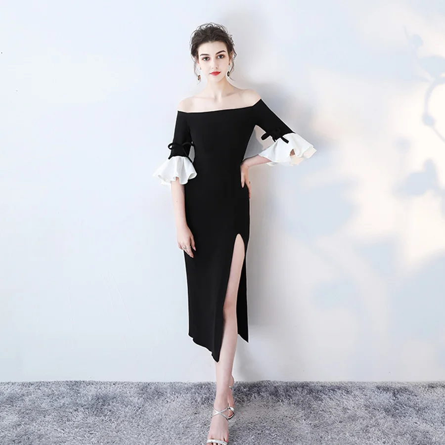 Вечернее платье с оборками, рукав до локтя, Robe De Soiree, вырез лодочкой, черные вечерние платья с разрезом, с открытыми плечами, официальное платье LX355