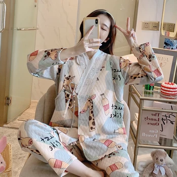 

New Japanese Pajamas Set Women Full Cotton Kimono Tops&Pants Suit Couples Sleepwear Set Women Men Casual Homewear