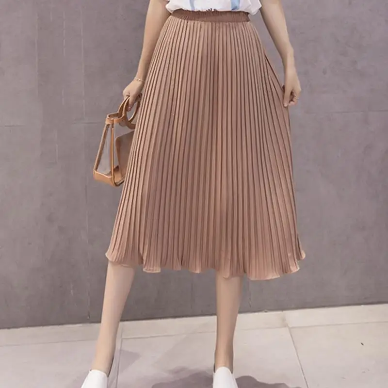 Модные элегантные плиссированные юбки средней длины женские новые с высокой талией одноцветные юбки с оборками Осень Зима трапециевидные повседневные юбки средней длины