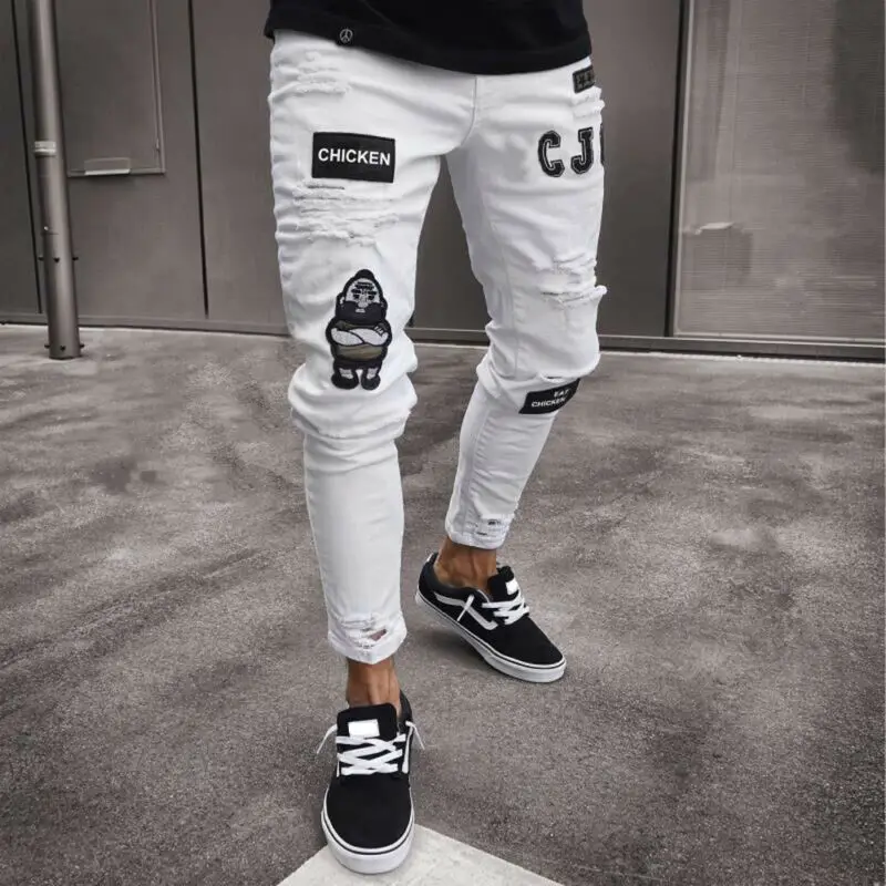 3 вида стилей, мужские эластичные рваные обтягивающие байкерские джинсы с вышивкой и принтом, джинсы с прорезями и прорезями, узкие джинсы, поцарапанные джинсы высокого качества