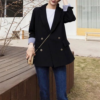 

ZCWXM New 2020 Spring Autumn Women's Blazers Casual Pockets Double Breasted Loose Jackets Striped Notched Wild Tops JK0425