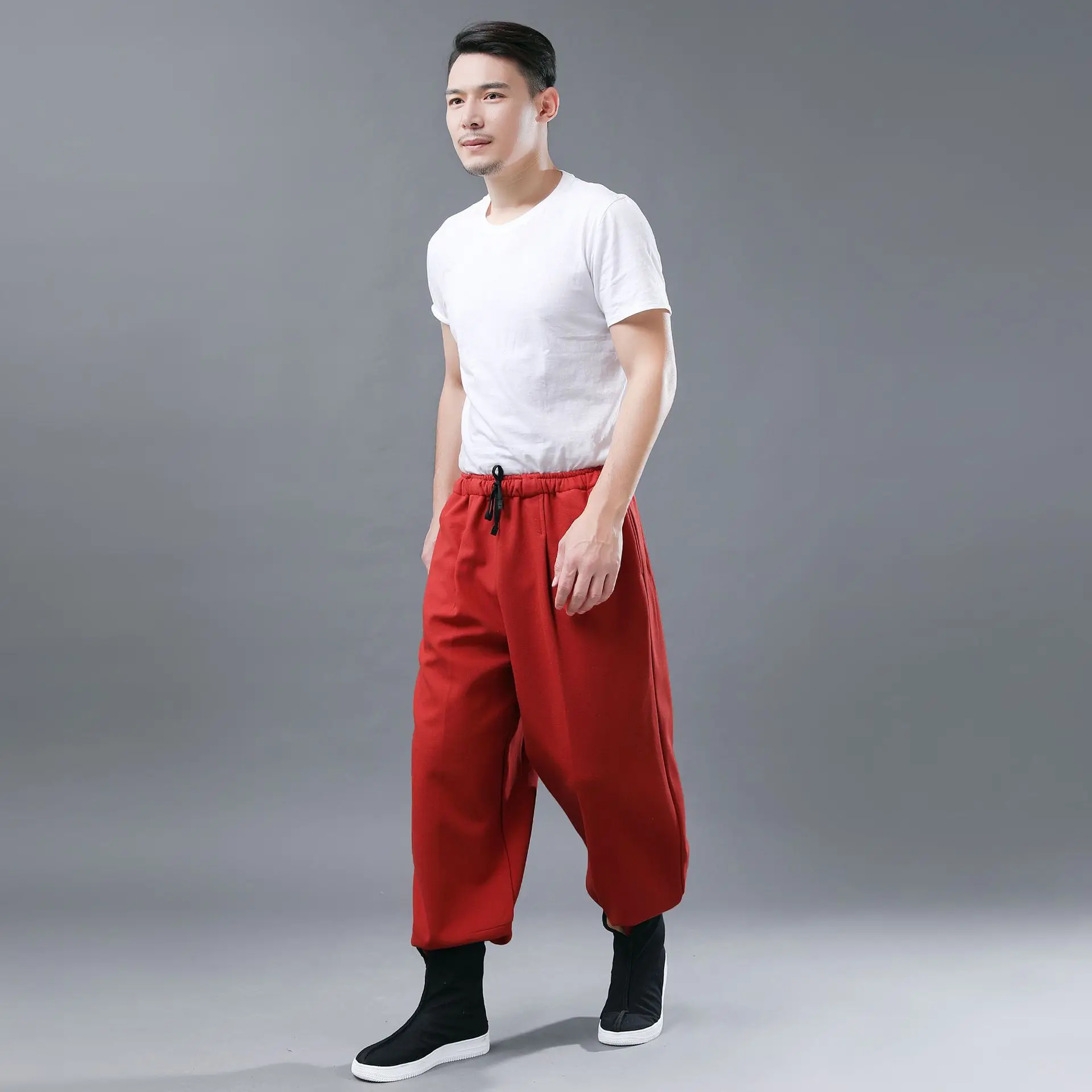 Winter New Style Machete Pants plus Velvet Flax MEN'S Casual Pants Leg Withdrawal Literature And Art-Style Solid Color Cott