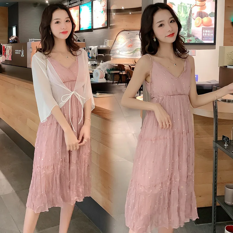 

Maternity Clothes 2019 Summer New Style Fashion Korean-style Strapped Dress Pleated Mid-length Two-Piece Set Pregnant Women Dres