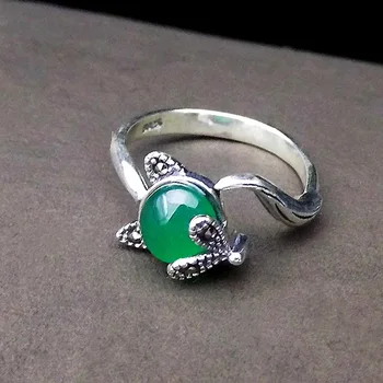 

FNJ 925 Silver Fox Ring Natural Green Agate Original S925 Sterling Silver Rings for Women Jewelry Adjustable USA Size MARCASITE