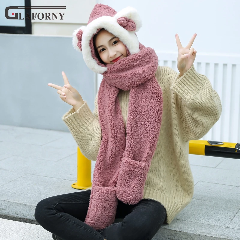 

2019 hats scarf gloves women's Korean version two-double warm thickened autumn winter cap cartoon parent-child joker neckerchief