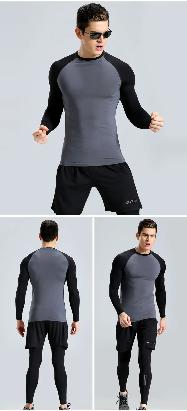 2 шт. термо рубашка+ термобрюки Slim Fit круглый вырез Мужское нижнее белье Спорт термальная футболка с длинным рукавом быстрый сухой сжатый нижнее белье