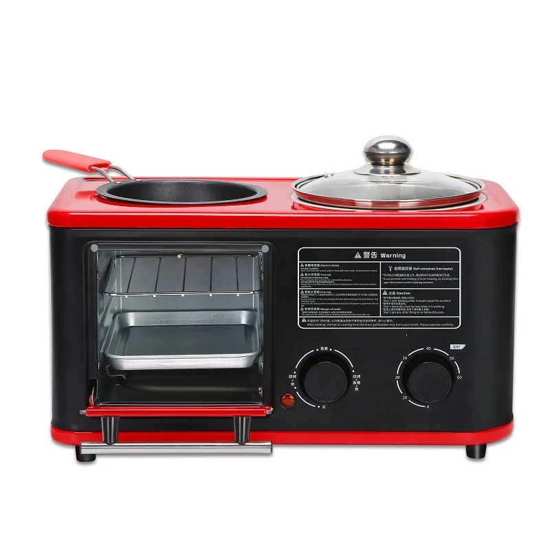 220V 3 In 1 Electric Breakfast Machine Household Bread Toaster Baking Oven FryIng Pan Hot Pot Boiler Food Steamer