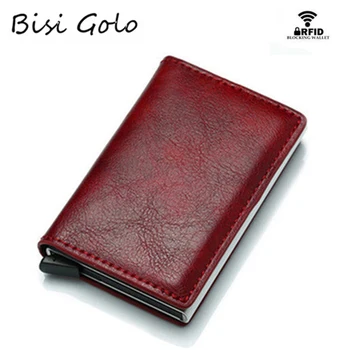 

BISI GORO 2020 Men Wallet Blocking Rfid PU Leather Vintage Credit Card Holder Unisex Antitheft Security Aluminum Metal Purse