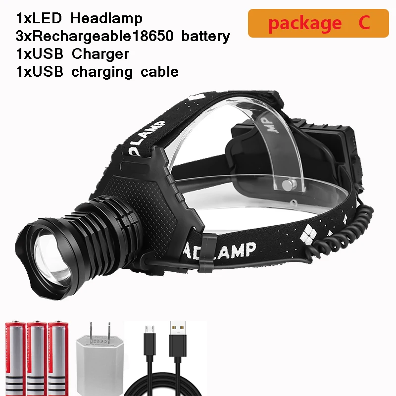 Package C 85000LM самый мощный XHP70.2 USB Перезаряжаемый светодиодный налобный фонарь XHP70 очень яркий фонарь XHP50 Охота Кемпинг Рыбалка Lanterna - Испускаемый цвет: Package C