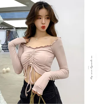 

Autumn Fashion Slash Neck Lady T-shirt Solid Color Female Sweet Style Drawstring Long Sleeve Short Tops